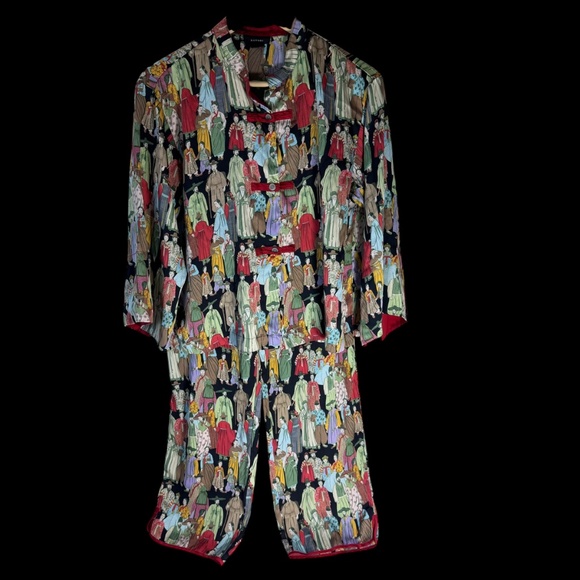 Natori Dynasty Asian Print Mandarin Collar Cropped Pants PJ Set Sz S - Picture 2 of 8